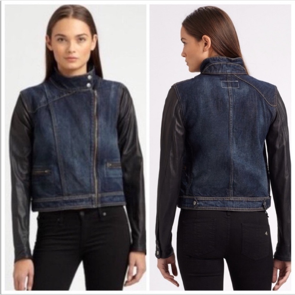 Rag & Bone Leather Sleeve Moto Denim Jean Jacket size S